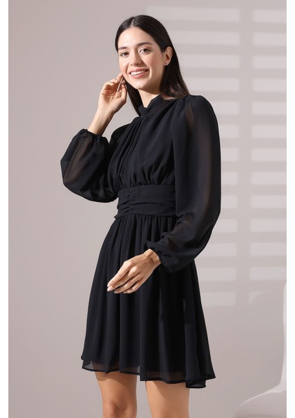 Siyah Şifon Balıkçı Yaka Büzgülü Mini Abiye Nikah Elbise Tasarım Hediye Büyük Beden