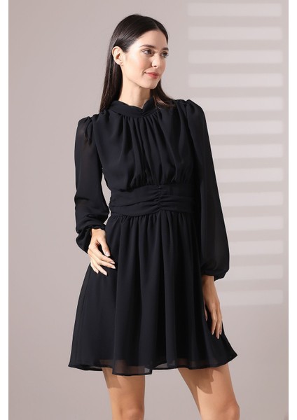 Siyah Şifon Balıkçı Yaka Büzgülü Mini Abiye Nikah Elbise Tasarım Hediye Büyük Beden fiyatları