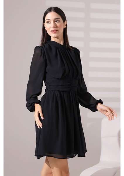 Siyah Şifon Balıkçı Yaka Büzgülü Mini Abiye Nikah Elbise Tasarım Hediye Büyük Beden modelleri