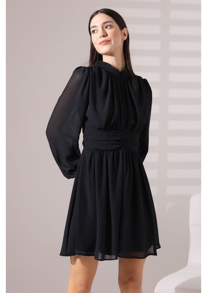 Siyah Şifon Balıkçı Yaka Büzgülü Mini Abiye Nikah Elbise Tasarım Hediye Büyük Beden fırsatları