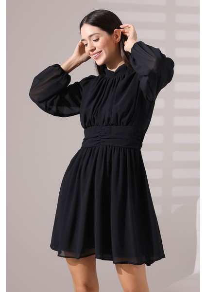 Siyah Şifon Balıkçı Yaka Büzgülü Mini Abiye Nikah Elbise Tasarım Hediye Büyük Beden indirimleri