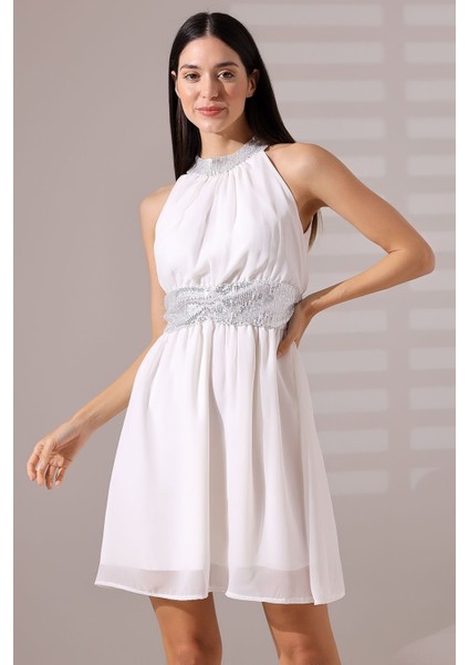 Beyaz Şifon Payet Detaylı Fiyonk Kuşaklı Halter Yaka Mini Abiye Nikah Elbise Hediye Büyük Beden fiyatları