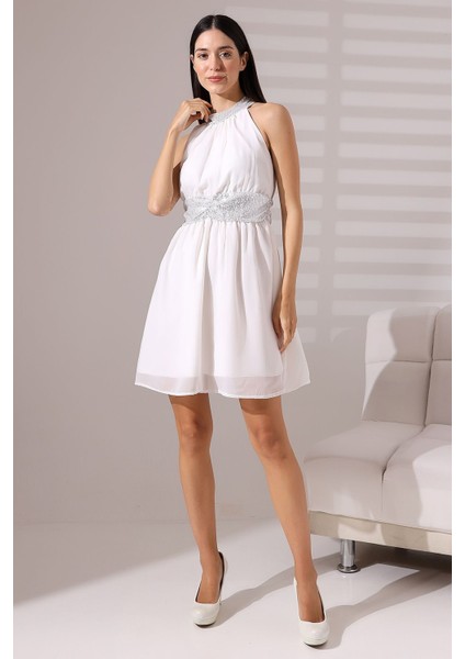 Beyaz Şifon Payet Detaylı Fiyonk Kuşaklı Halter Yaka Mini Abiye Nikah Elbise Hediye Büyük Beden fırsatları