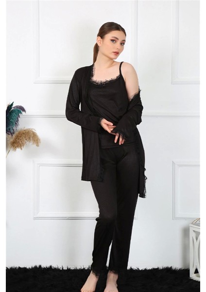 Modlive- Kadın 3'lü Siyah Sabahlık Takım 16108