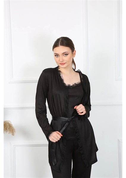 Modlive- Kadın 3'lü Siyah Sabahlık Takım 16108 modelleri