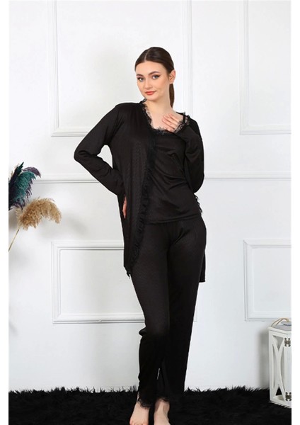 Modlive- Kadın 3'lü Siyah Sabahlık Takım 16108 fırsatları