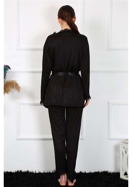 Modlive- Kadın 3'lü Siyah Sabahlık Takım 16108 indirimleri