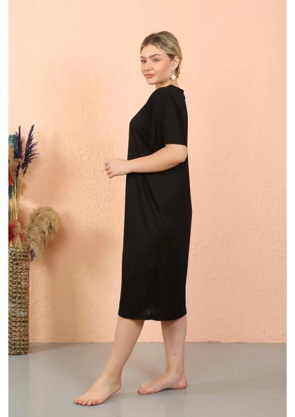 Modlive- Kadın Kısa Kol Diz Altı Over Size Siyah Ev Elbisesi - Geceliği 93410 fiyatları