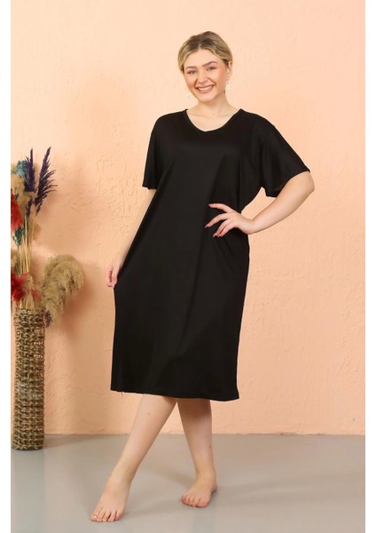 Modlive- Kadın Kısa Kol Diz Altı Over Size Siyah Ev Elbisesi - Geceliği 93410 modelleri