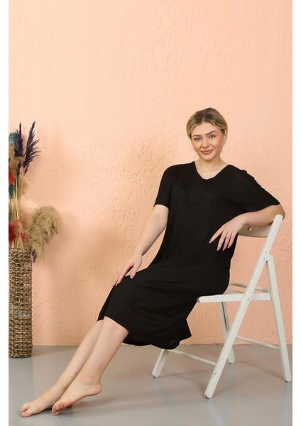 Modlive- Kadın Kısa Kol Diz Altı Over Size Siyah Ev Elbisesi - Geceliği 93410 fırsatları