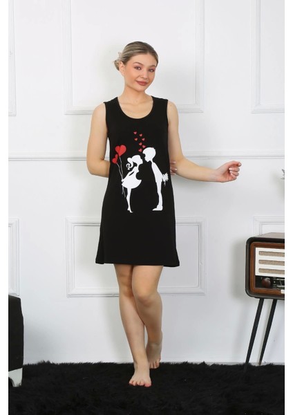 Modlive- Kadın Kalın Askılı Penye Diz Üstü Siyah Gecelik 11310