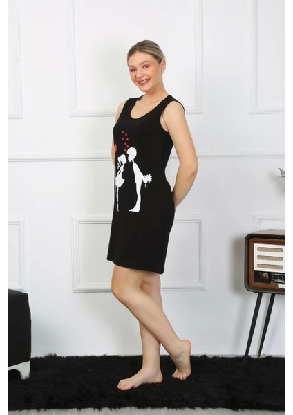 Modlive- Kadın Kalın Askılı Penye Diz Üstü Siyah Gecelik 11310 fırsatları