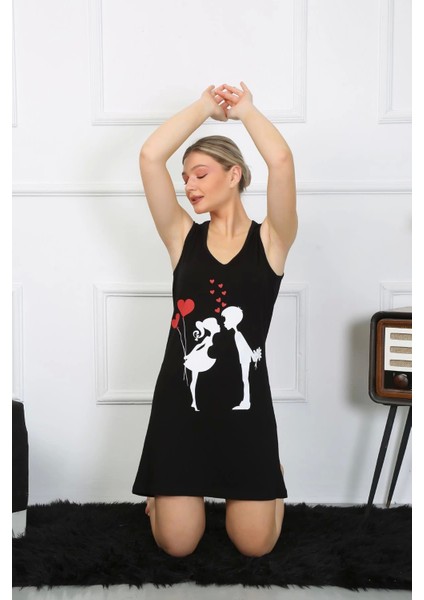 Modlive- Kadın Kalın Askılı Penye Diz Üstü Siyah Gecelik 11310 indirimleri