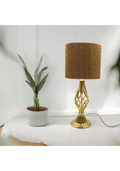 Burgulu Gold Renk Metal Ayaklı Modern Hasır Örgülü Kahverengi Abajur