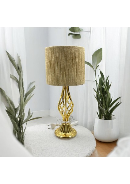 Burgulu Gold Renk Metal Ayaklı Modern Hasır Örgülü Bej Abajur