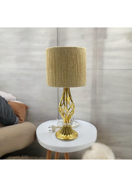 Burgulu Gold Renk Metal Ayaklı Modern Hasır Örgülü Bej Abajur