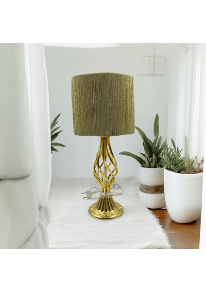 Burgulu Gold Renk Metal Ayaklı Modern Hasır Örgülü Yeşil Abajur