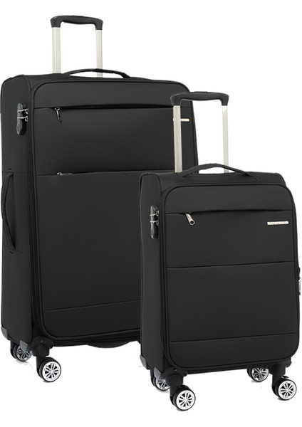 2'li Valiz Seti Büyük Ve Kabin Boy Lüx Kumaş Valiz Siyah 2082