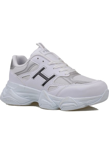 Beyaz-Siyah Handa Kadın Bağcıklı Kalın Taban Sneaker