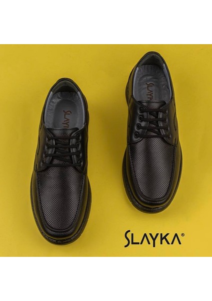 Siyah Hafif Hakiki Deri Bağcıklı Casual Ayakkabı