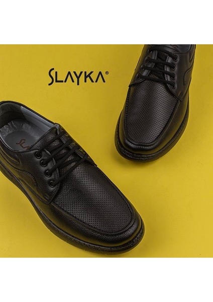 Siyah Hafif Hakiki Deri Bağcıklı Casual Ayakkabı