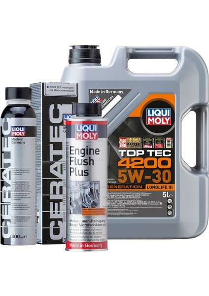 Liqui Moly Özel Set-1 (5W-30 Top Tec 4200 5 Litre Motor Yağı+Ceratec Seamik Katkı 300 Ml+Motor Içi Temizleyici 300 Ml)