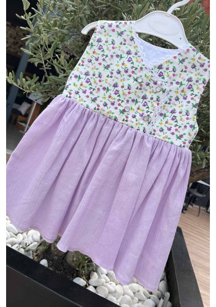 Çiçek Desenli Kız Çocuk Bebek Şile Bezi Pamuklu Lila Elbise fiyatları