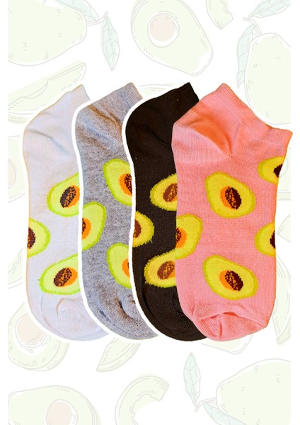 4 Çift Avokado Desenli Sneaker Çorap, Renkli Avakado Çorap, Avakadolu Patik Çorap