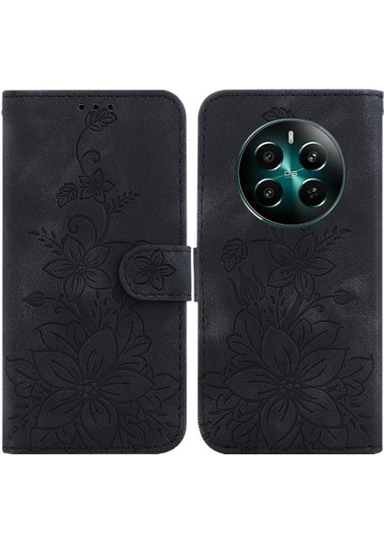 Realme 12 Artı Kickstand Kabartmalı Zambak Manyetik Kart Tutucu Cüzdan (Yurt Dışından)