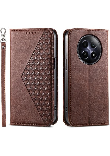 Realme 12 5g El Kayışı Standı Için Flip Case Günlük Kullanım Eşkenar Dörtgen Şekli Cüzdan (Yurt Dışından)