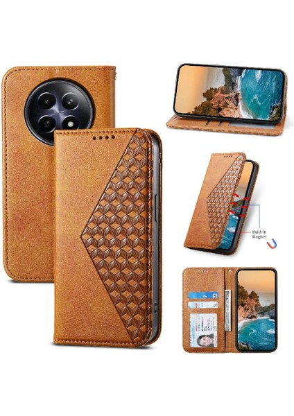 Realme 12 5g El Kayışı Standı Için Flip Case Günlük Kullanım Eşkenar Dörtgen Şekli Cüzdan (Yurt Dışından)