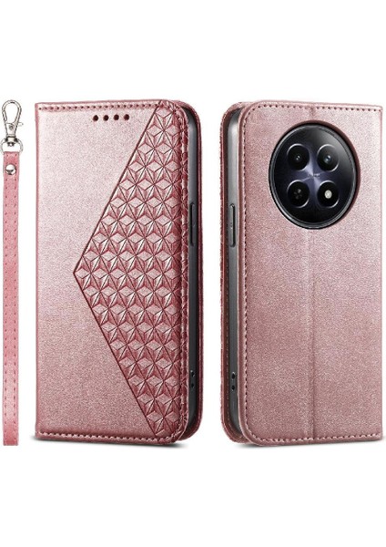 Realme 12 5g El Kayışı Standı Için Flip Case Günlük Kullanım Eşkenar Dörtgen Şekli Cüzdan (Yurt Dışından)