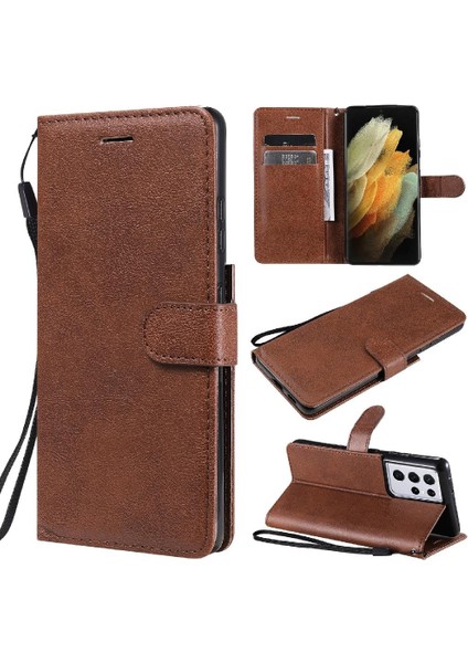 Kart Yuvası Klasik Düz Renk ile Samsung Galaxy S21 Ultra Için Flip Case (Yurt Dışından)