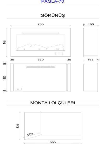 Wood Shut Pagla 70 - Isıtmalı Elektrikli Şömine Tek Renkli Cam Çerçeveli