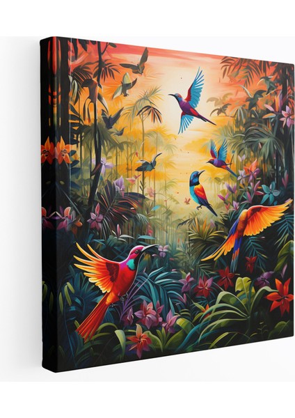Yaban Hayatı Duvar Sanatı - Ormanda Canlı Akrilik Kuşlar Kanvas Tablo - Yaban Hayatı, Tropikal Orman, Kanvas Tablo, Doğa, 30X30