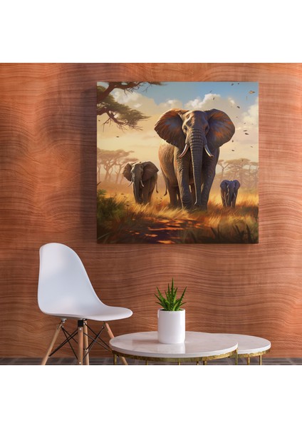 Yaban Hayatı Kanvas Tablo - Huzurlu Fil Ailesi Duvar Tablosu - Yaban Hayatı, Fil Ailesi, Ev Dekorasyonu, 30X30
