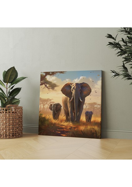 Yaban Hayatı Kanvas Tablo - Huzurlu Fil Ailesi Duvar Tablosu - Yaban Hayatı, Fil Ailesi, Ev Dekorasyonu, 30X30