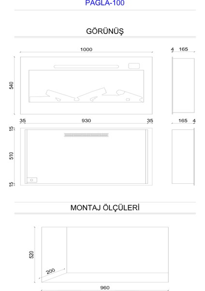 Pagla 100 - Isıtmalı Elektrikli Şömine Tek Renkli Cam Çerçeveli