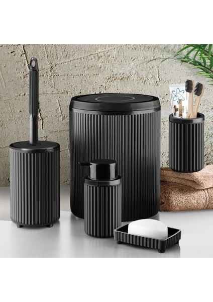 Çöp Kovası Tuvalet Fırçası Sıvı Sabunluk Diş Fırçalık Katı Sabunluk 5 Parça Banyo Seti 5 Litre Siyah 3375