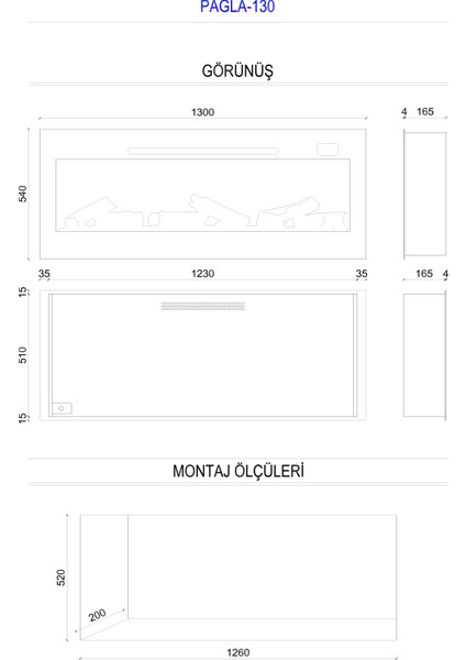 Pagla 130 - Isıtmalı Elektrikli Şömine Tek Renkli Cam Çerçeveli
