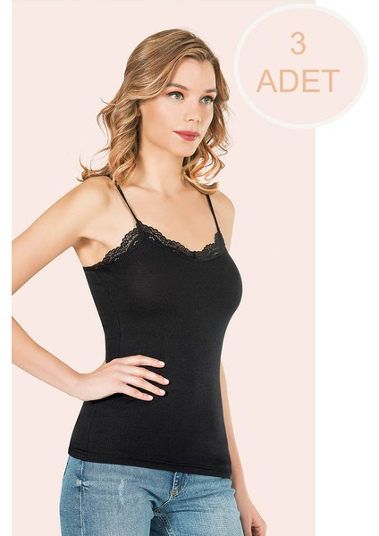 Ince Ip Askılı Dantel Detaylı Likralı Ip Askılı Kadın Atlet Beyaz