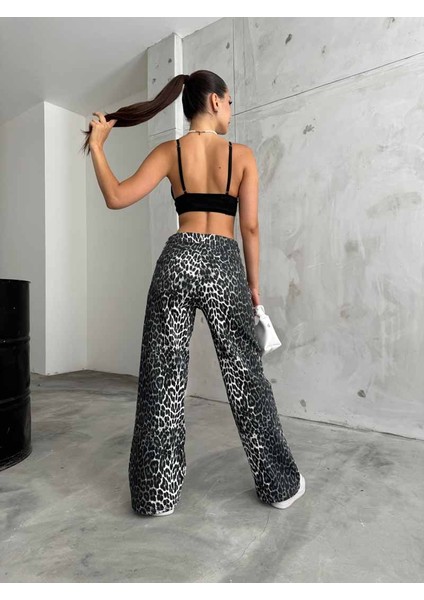 Kadın Leopar Desenli Yüksel Bel Geniş Paça Lıkralı Palazzo Pantolon modelleri