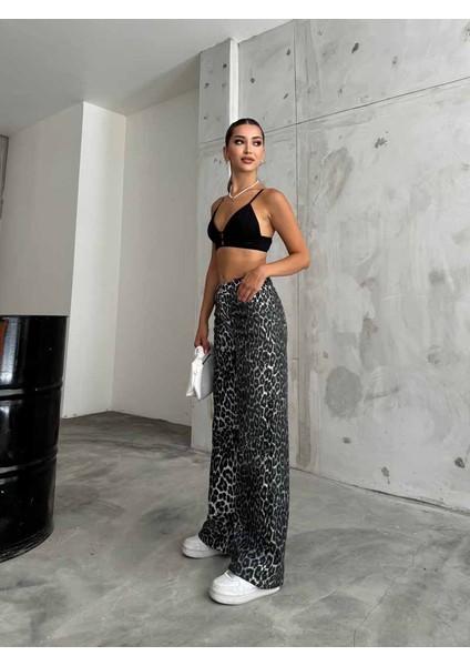 Kadın Leopar Desenli Yüksel Bel Geniş Paça Lıkralı Palazzo Pantolon indirimleri