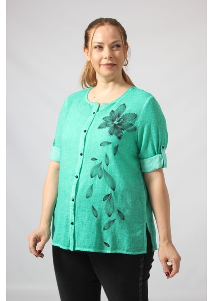 3293 Çiçek Baskılı Organik Keten Kumaş Mevsimlik Gömlek