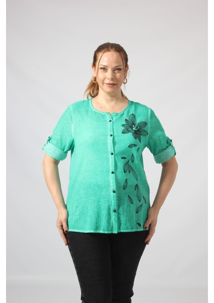 3293 Çiçek Baskılı Organik Keten Kumaş Mevsimlik Gömlek fiyatları