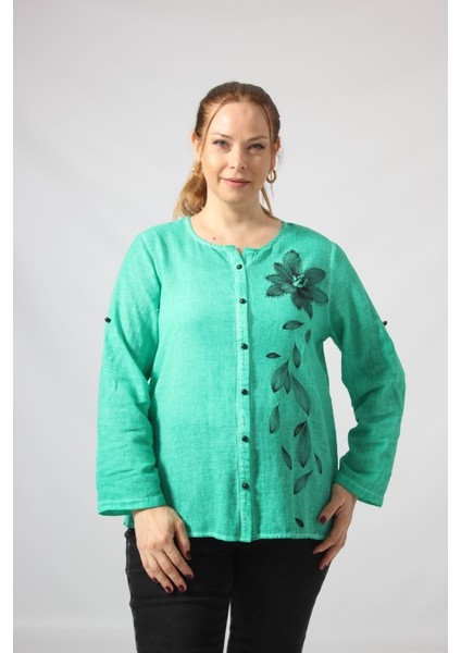 3293 Çiçek Baskılı Organik Keten Kumaş Mevsimlik Gömlek modelleri