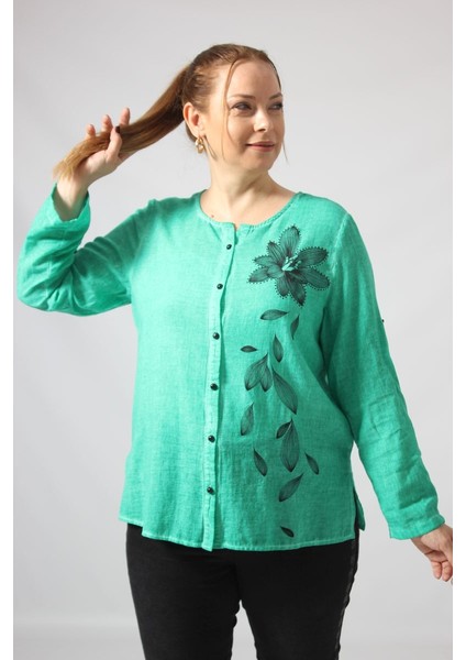 3293 Çiçek Baskılı Organik Keten Kumaş Mevsimlik Gömlek fırsatları