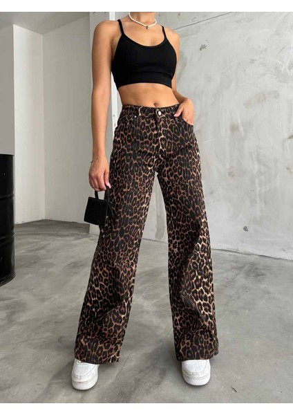 Kadın Leopar Desenli Yüksel Bel Geniş Paça Lıkralı Palazzo Pantolon fiyatları