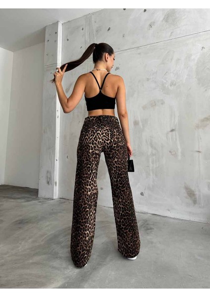 Kadın Leopar Desenli Yüksel Bel Geniş Paça Lıkralı Palazzo Pantolon modelleri