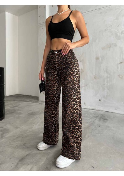 Kadın Leopar Desenli Yüksel Bel Geniş Paça Lıkralı Palazzo Pantolon fırsatları